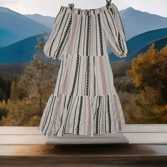 Boho Hippie Tiered Midi Dress Size Small Off Cold Shoulder Puff Sleeves Comfort - Picture 1 of 9